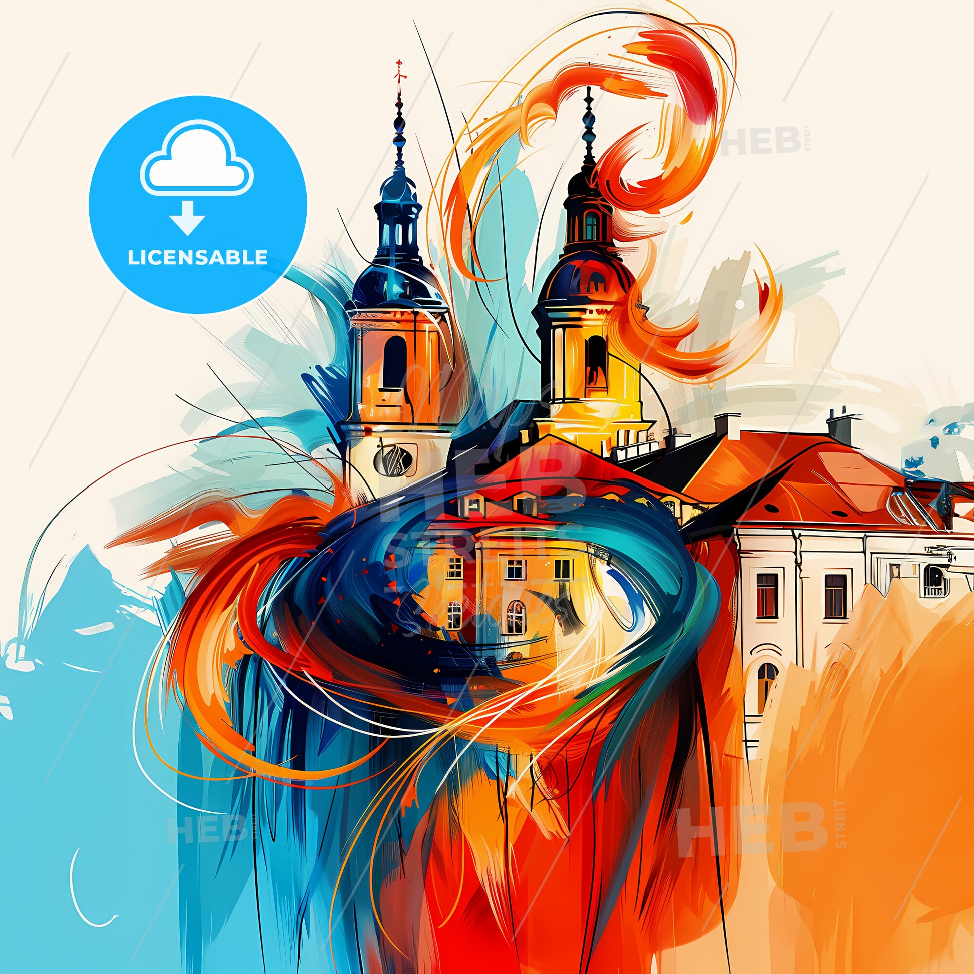 Vibrant Neuss, Germany - A Painting Of A Building With Towers And A Colorful Swirl