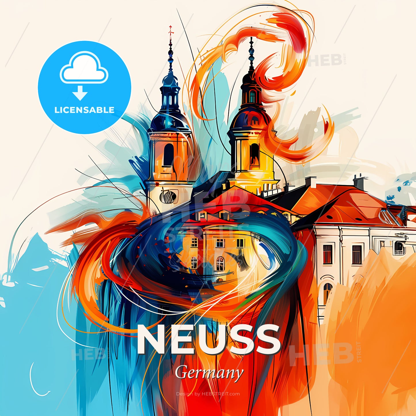 Vibrant Neuss, Germany - A Painting Of A Building With Towers And A Colorful Swirl - Square format print template