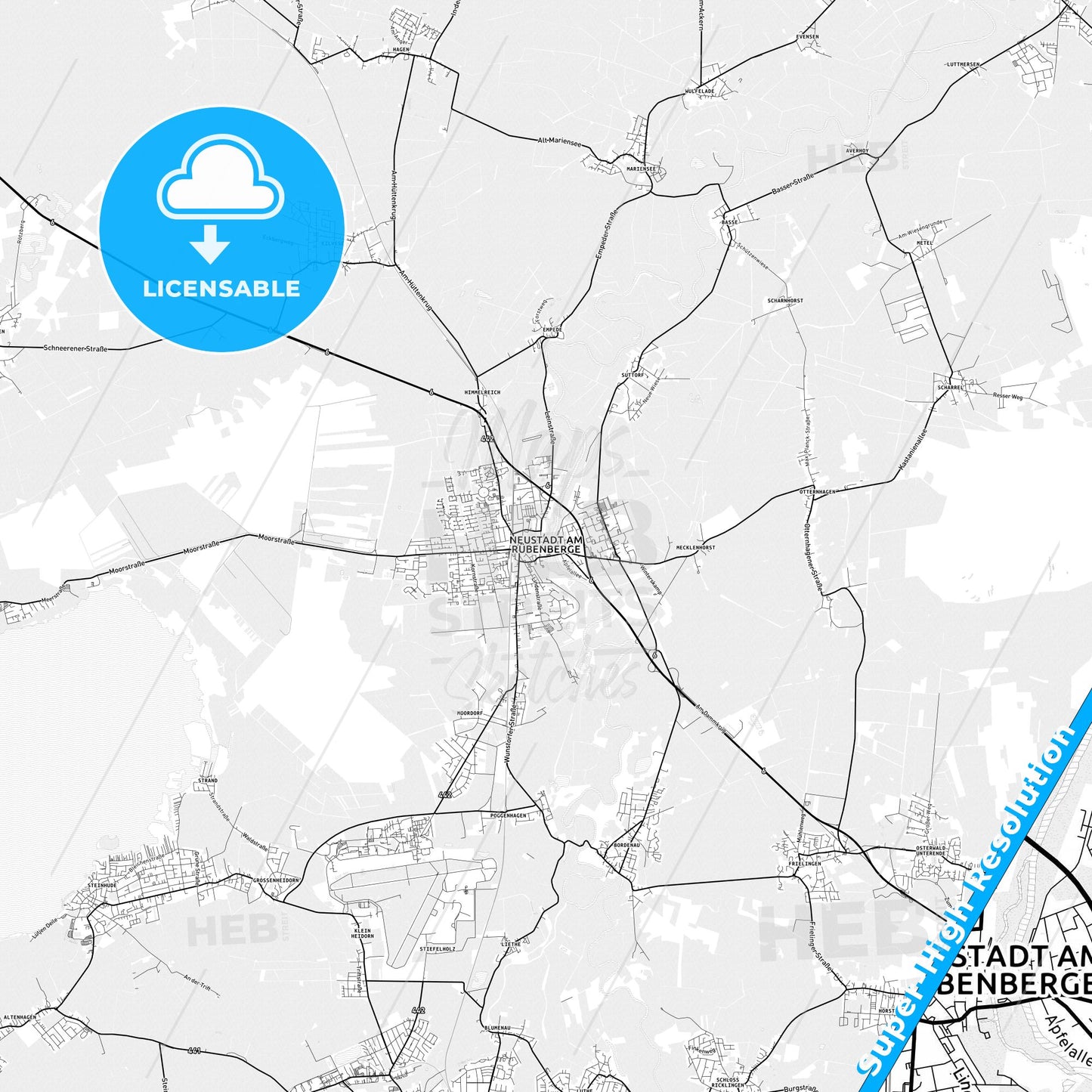 Neustadt am Rubenberge, Germany light map with streetnames, citynames and districts