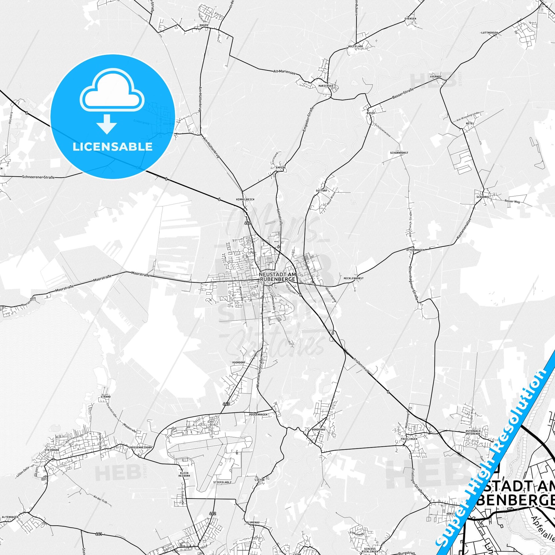 Neustadt am Rubenberge, Germany light map with streetnames, citynames and districts