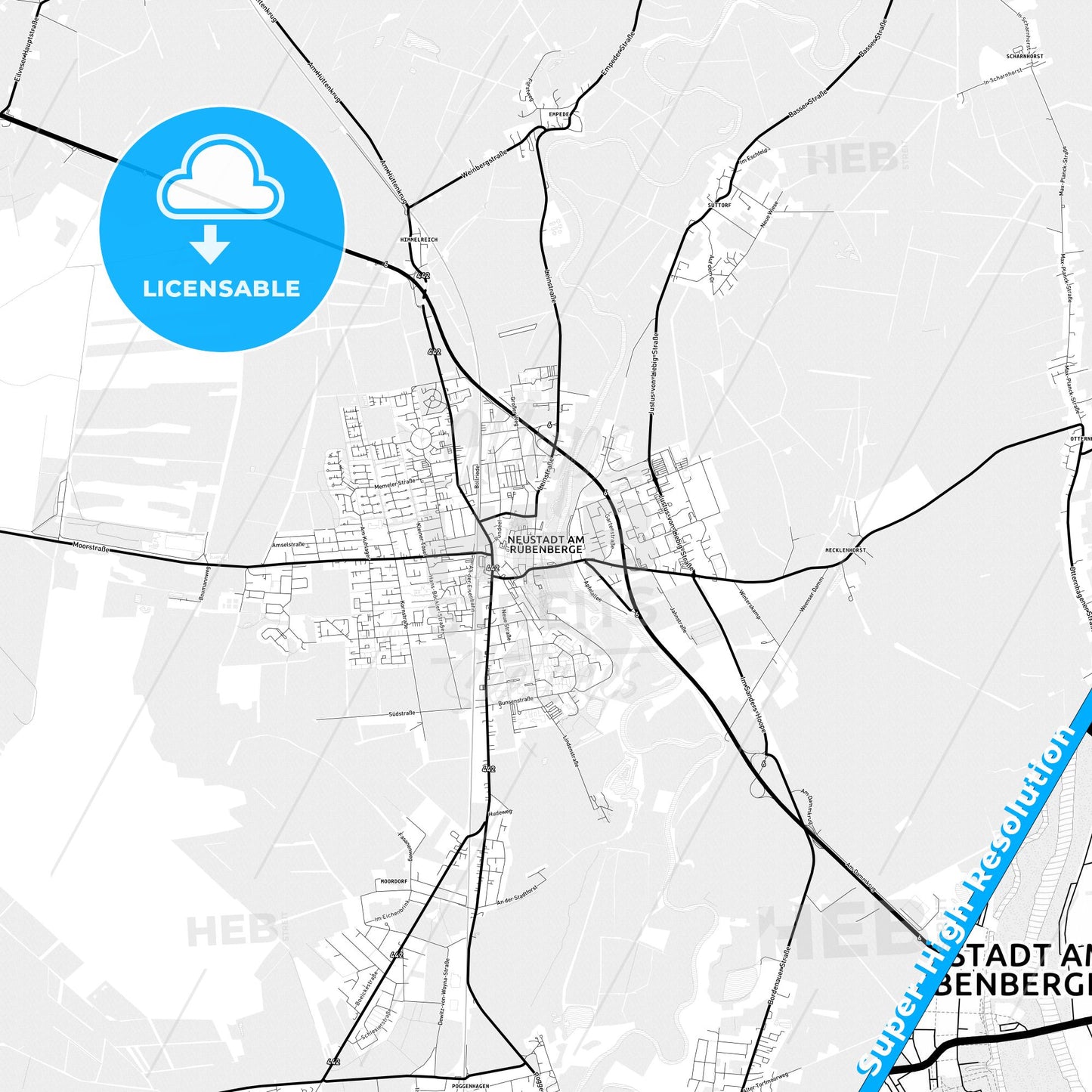 Neustadt am Rubenberge, Germany Light Map with Street Names, City Names, and Districts