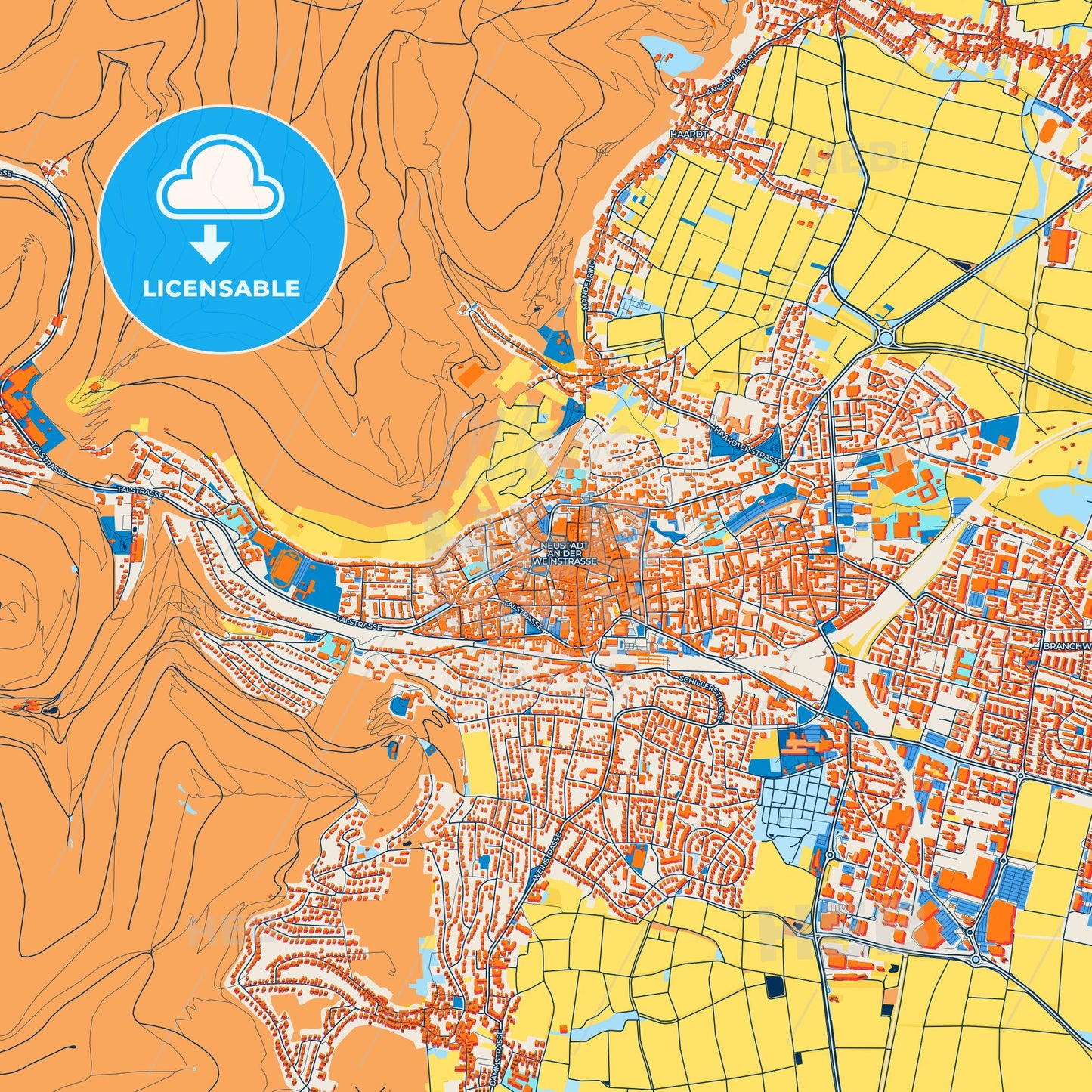 Colorful Neustadt an der Weinstraße Street Map with Labels and Buildings