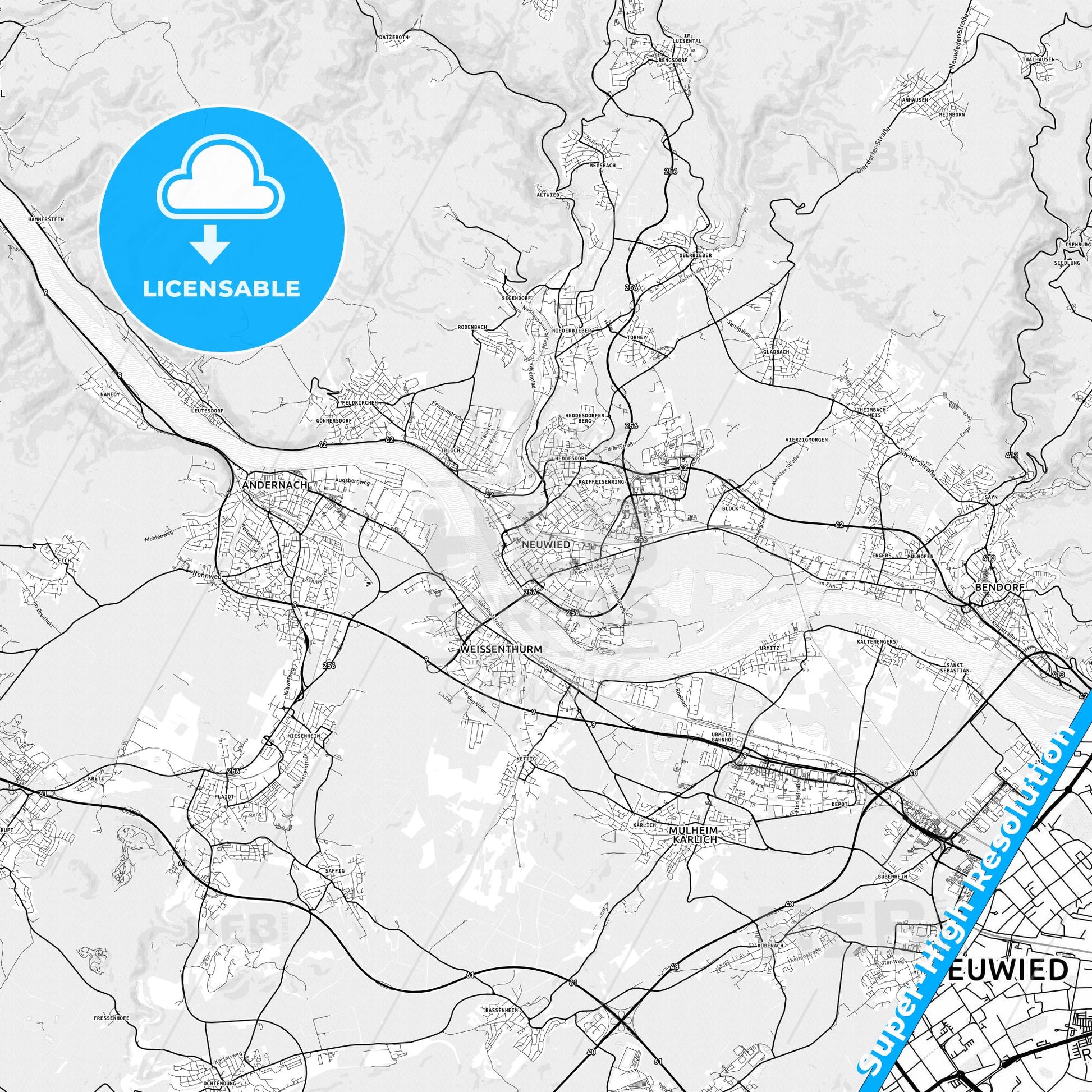 Neuwied, Germany light map with streetnames, citynames and districts
