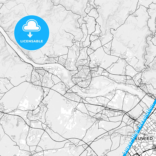 Neuwied, Germany light map with streetnames, citynames and districts
