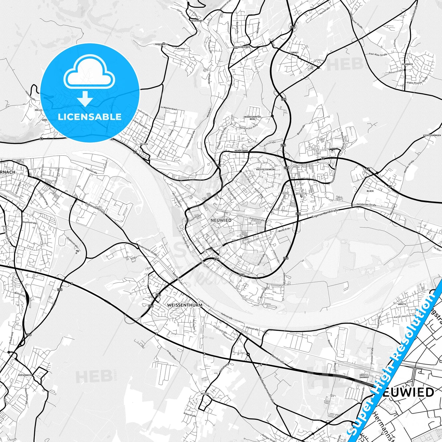 Neuwied, Germany Light Map with Street Names, City Names, and Districts