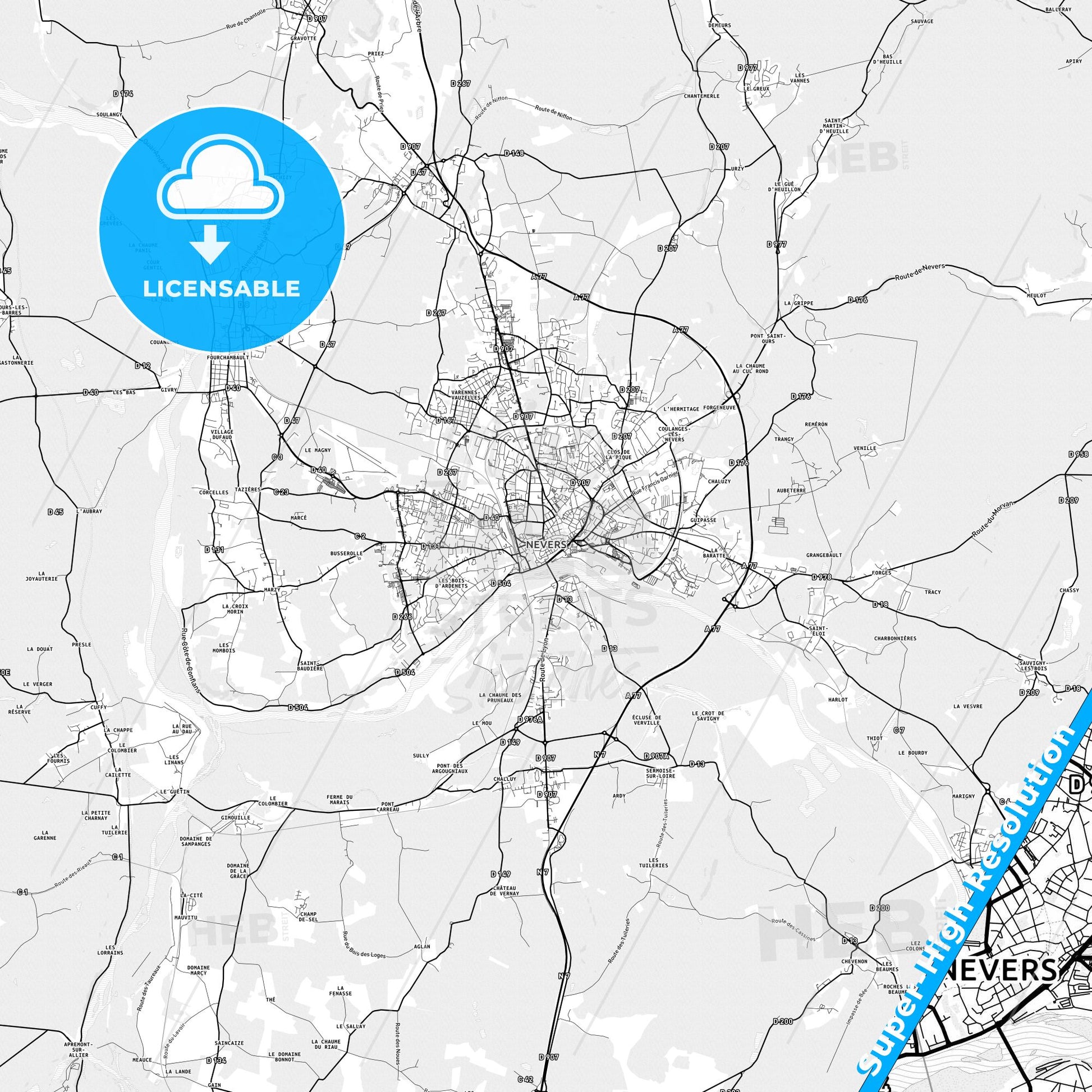 Nevers, France light map with streetnames, citynames and districts