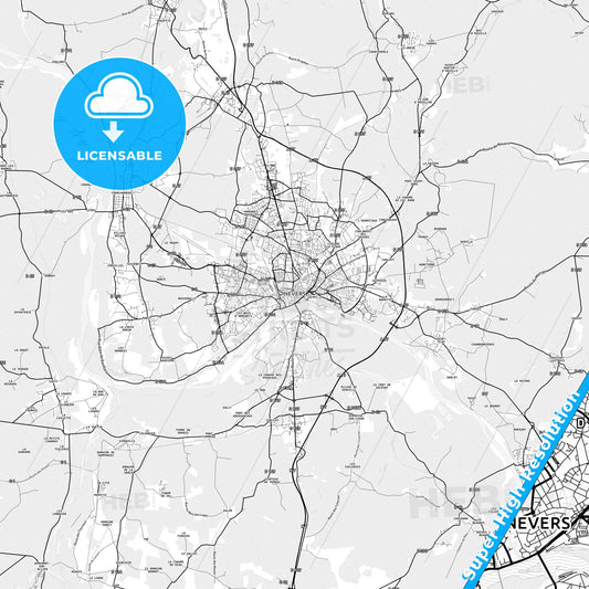Nevers, France light map with streetnames, citynames and districts