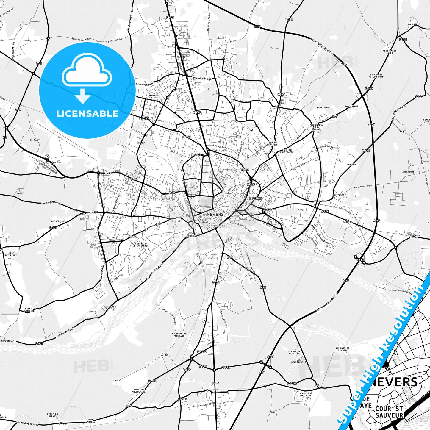 Nevers, France Light Map with Street Names, City Names, and Districts