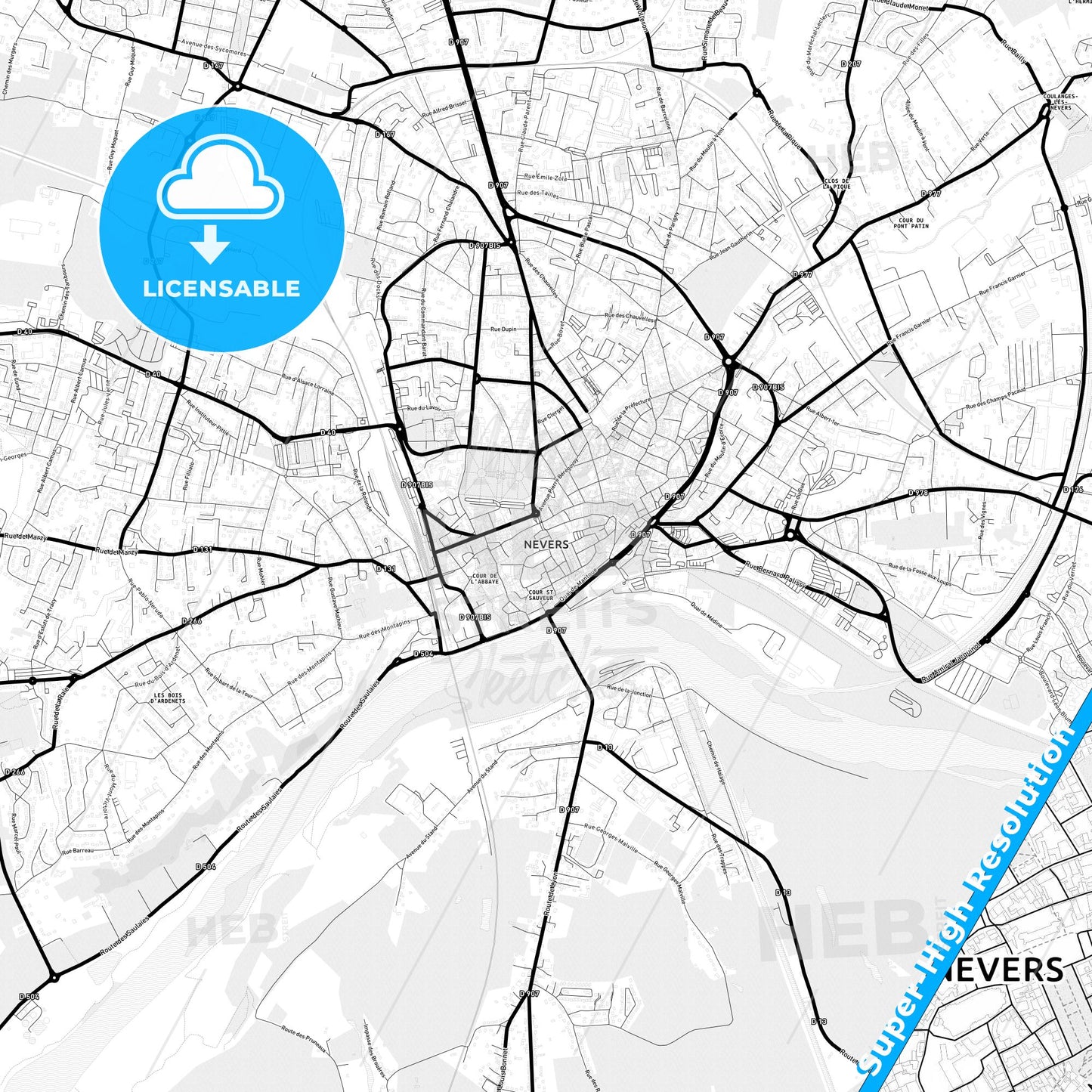 Nevers, France Light Map with Street Names, City Names, and Districts