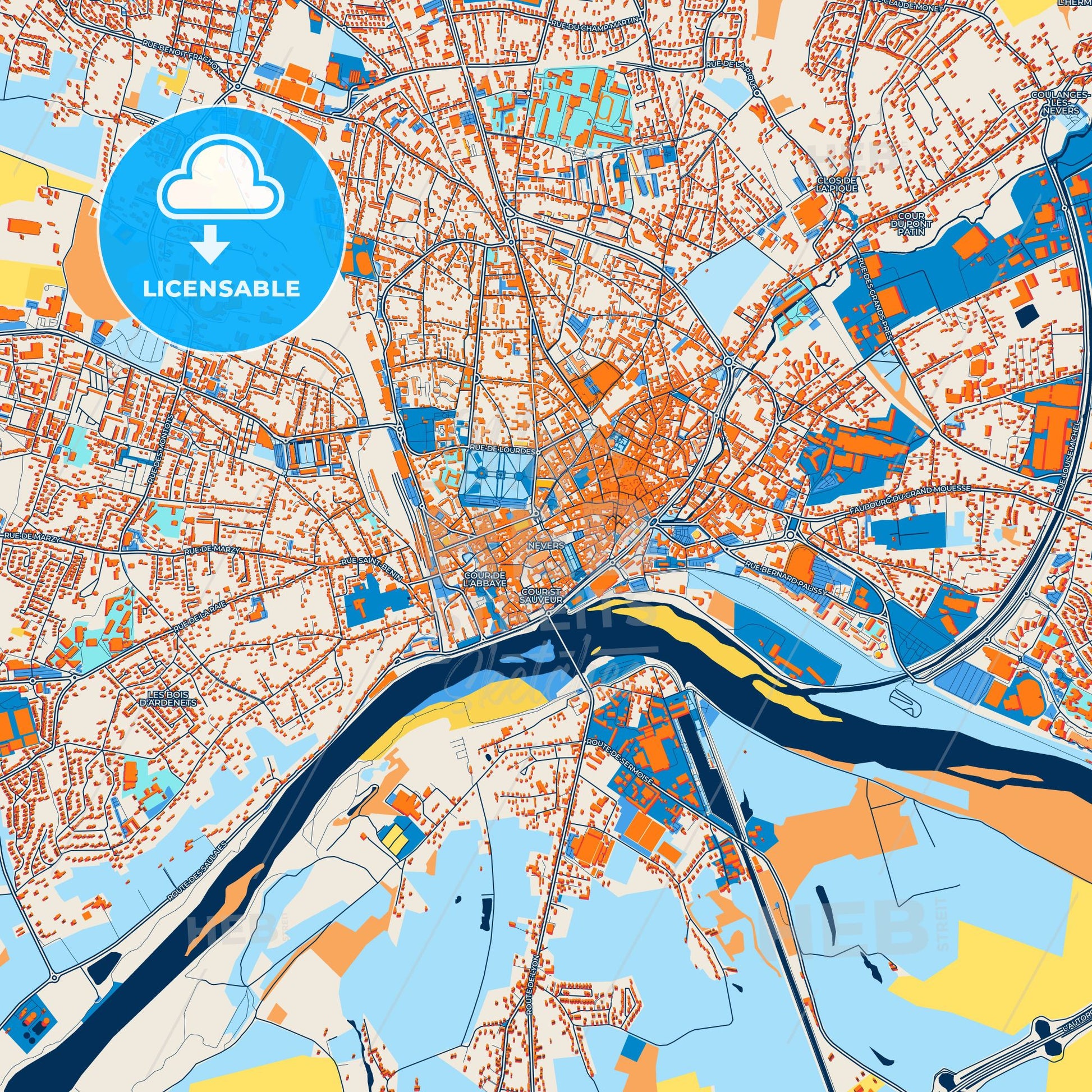 Colorful Nevers Street Map with Labels and Buildings