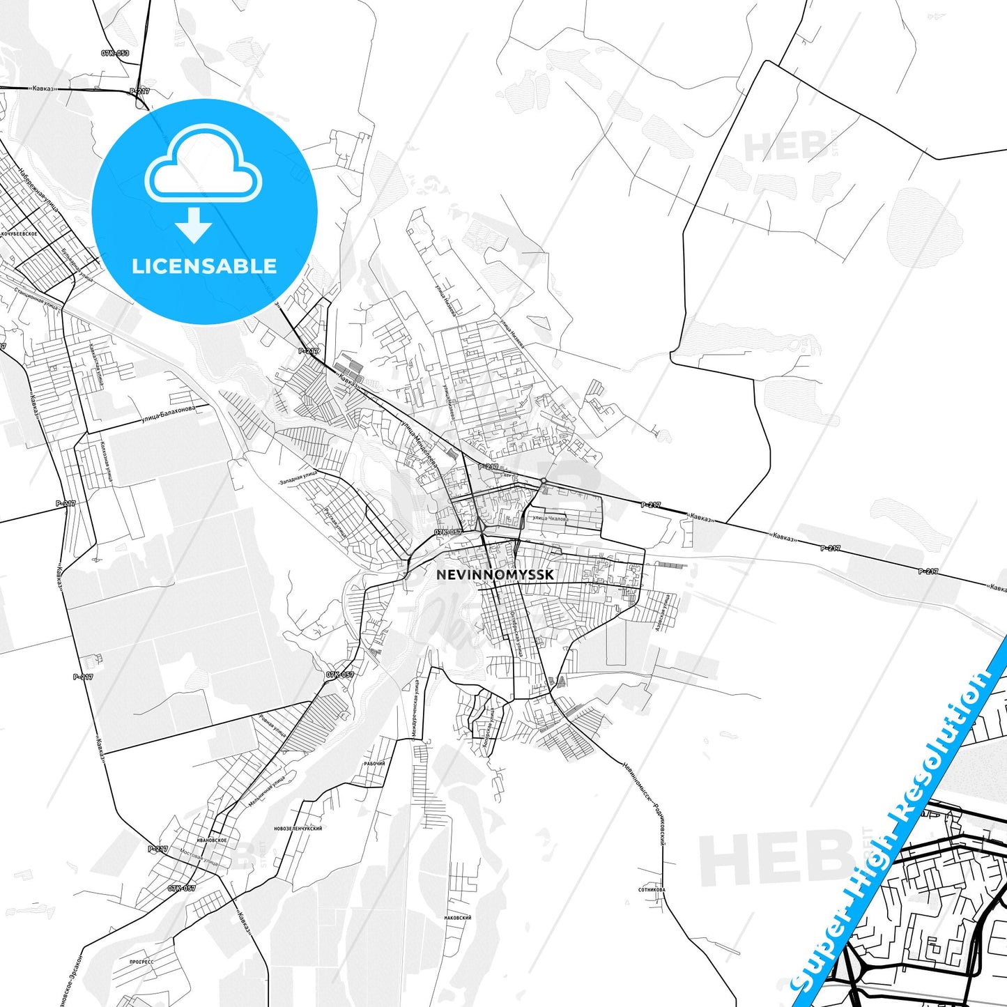 Nevinnomyssk, Russia light map with streetnames, citynames and districts