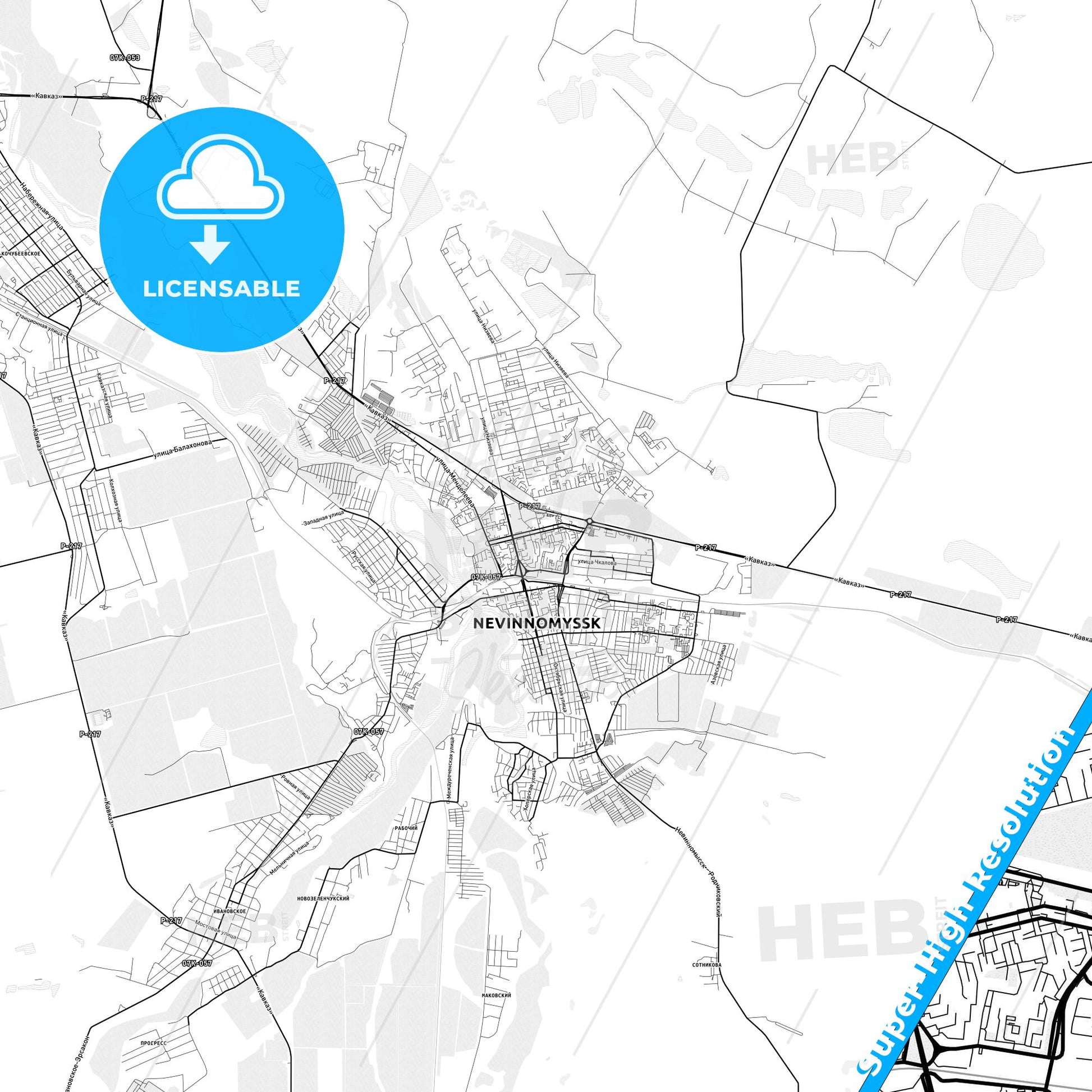 Nevinnomyssk, Russia light map with streetnames, citynames and districts
