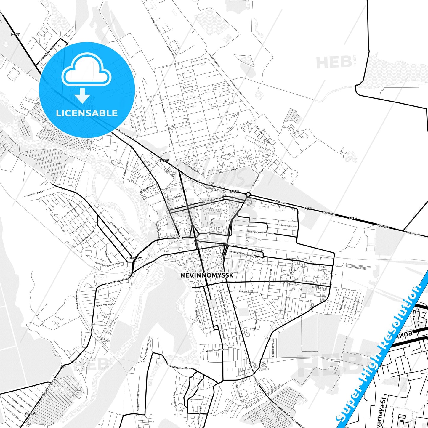 Nevinnomyssk, Russia Light Map with Street Names, City Names, and Districts