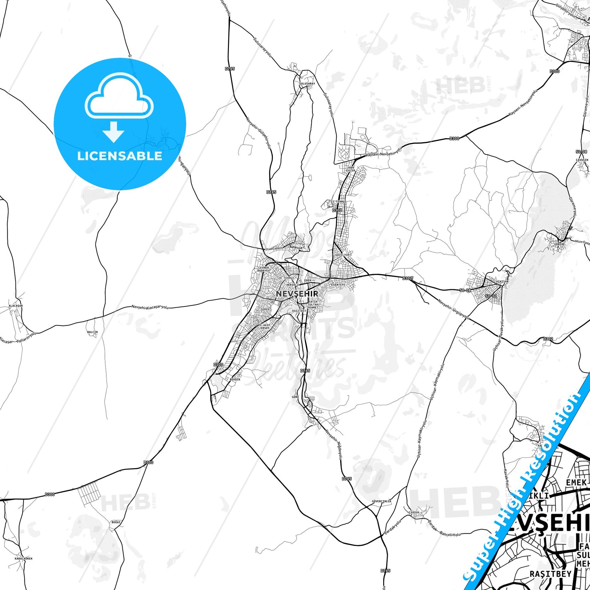 Nevşehir, Turkey light map with streetnames, citynames and districts
