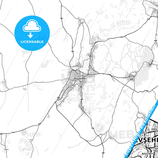 Nevşehir, Turkey light map with streetnames, citynames and districts