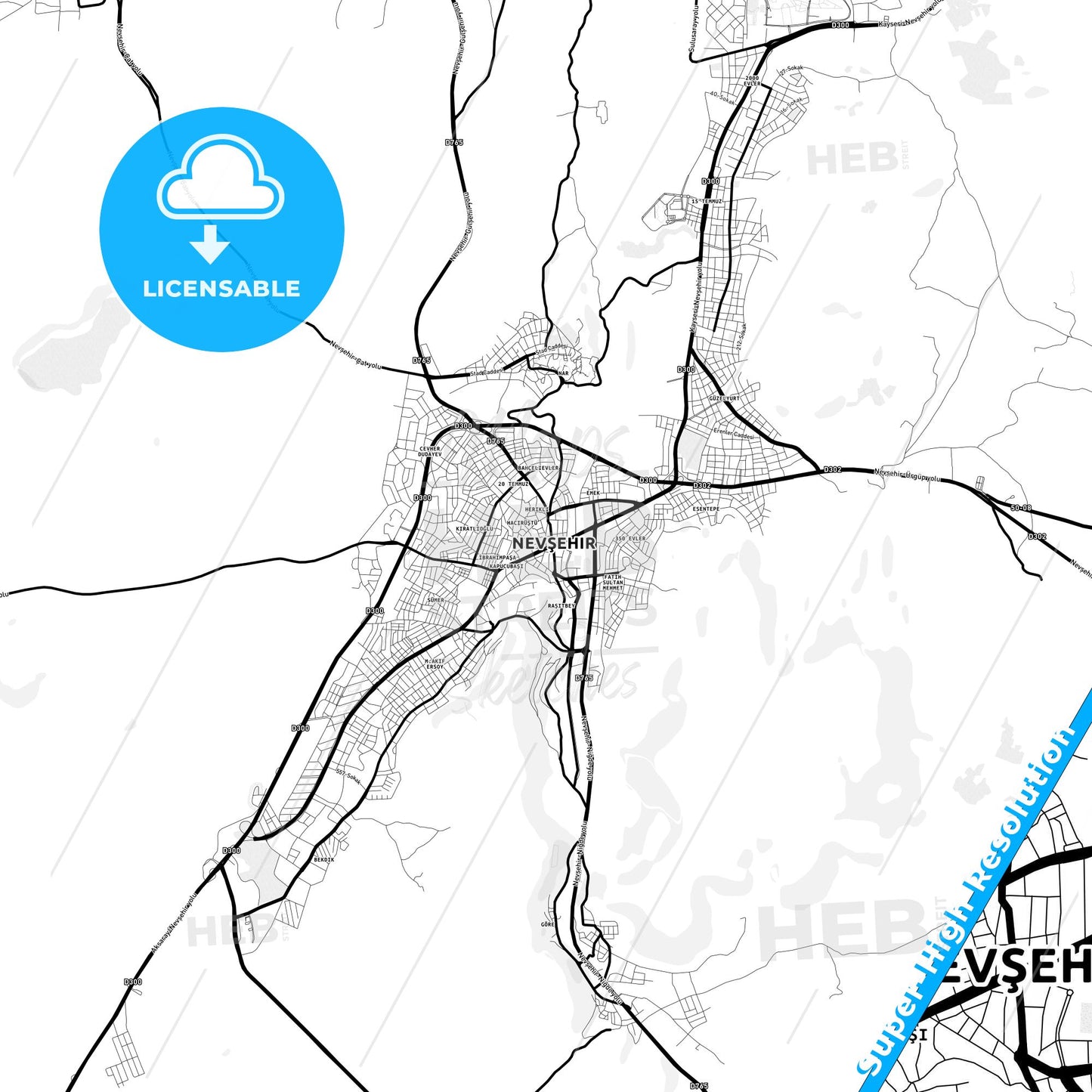 Nevşehir, Turkey Light Map with Street Names, City Names, and Districts