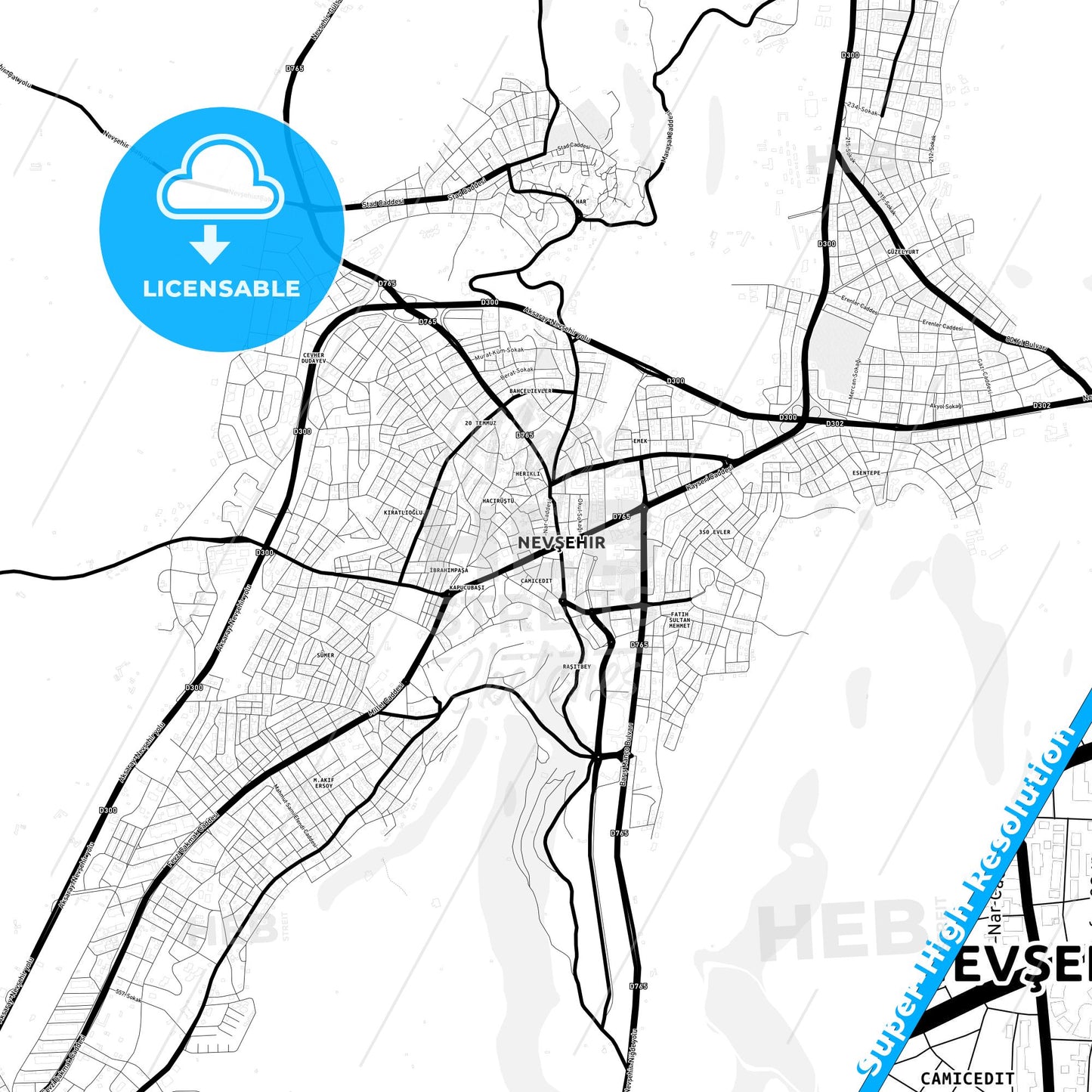 Nevşehir, Turkey Light Map with Street Names, City Names, and Districts