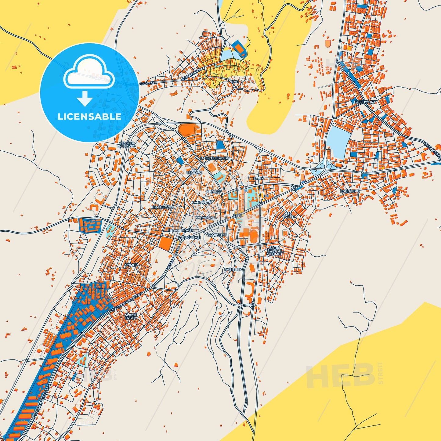 Colorful Nevşehir Street Map with Labels and Buildings