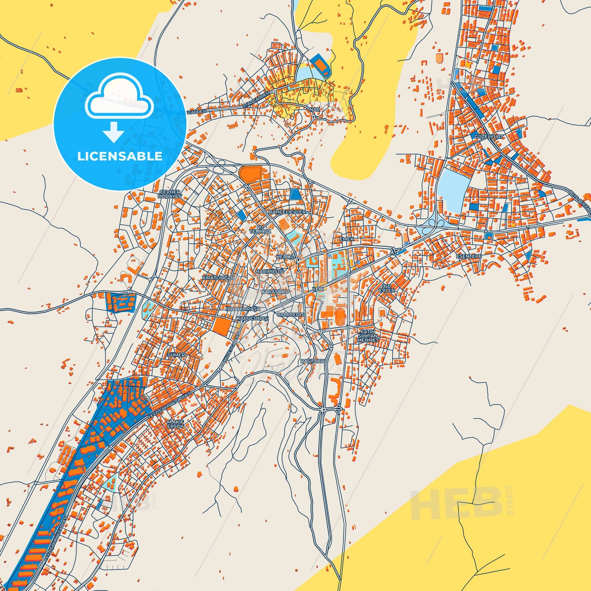 Colorful Nevşehir Street Map with Labels and Buildings