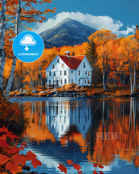 New Hampshire, USA - Vibrant Painting: Mountain House by the Lake