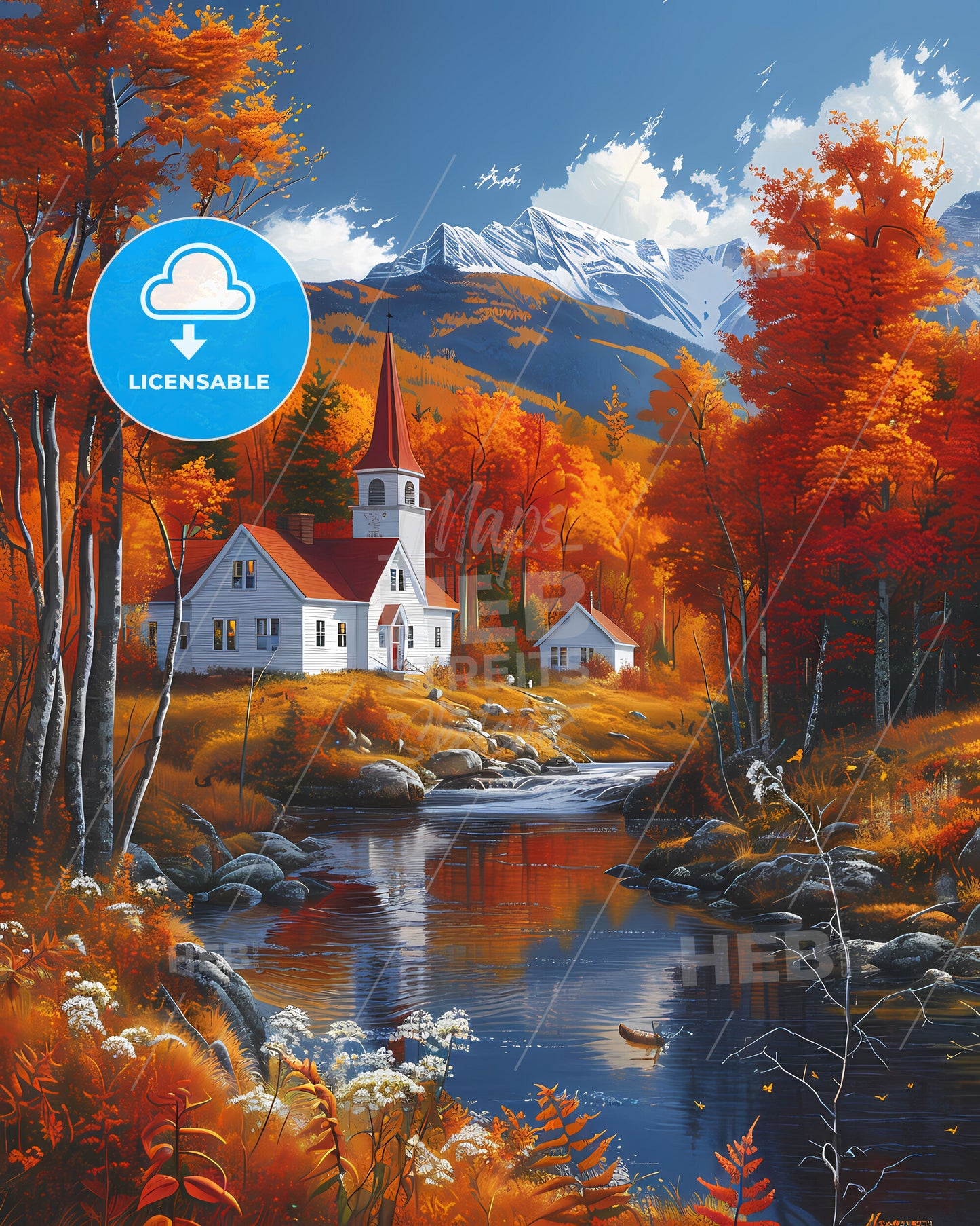 Fine Art Painting Depicting a White House with Red Roof Amidst Trees by a River in New Hampshire, USA