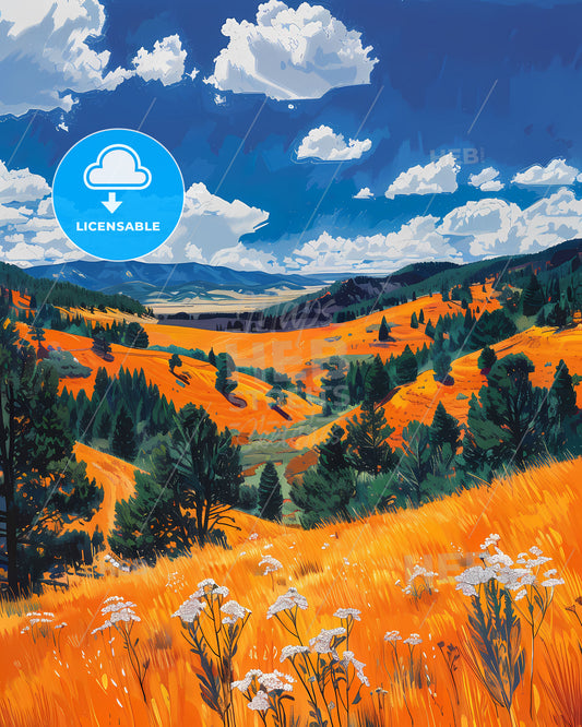 Art Nouveau Landscape: Vibrant Painting of New Mexico With Trees and Grass