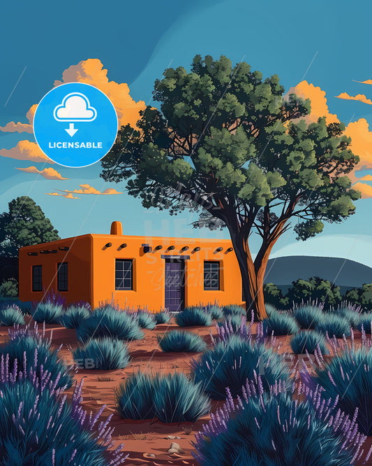 Yellow House Art, New Mexico, USA, Painting, Vibrant Colors, Trees, Landscape