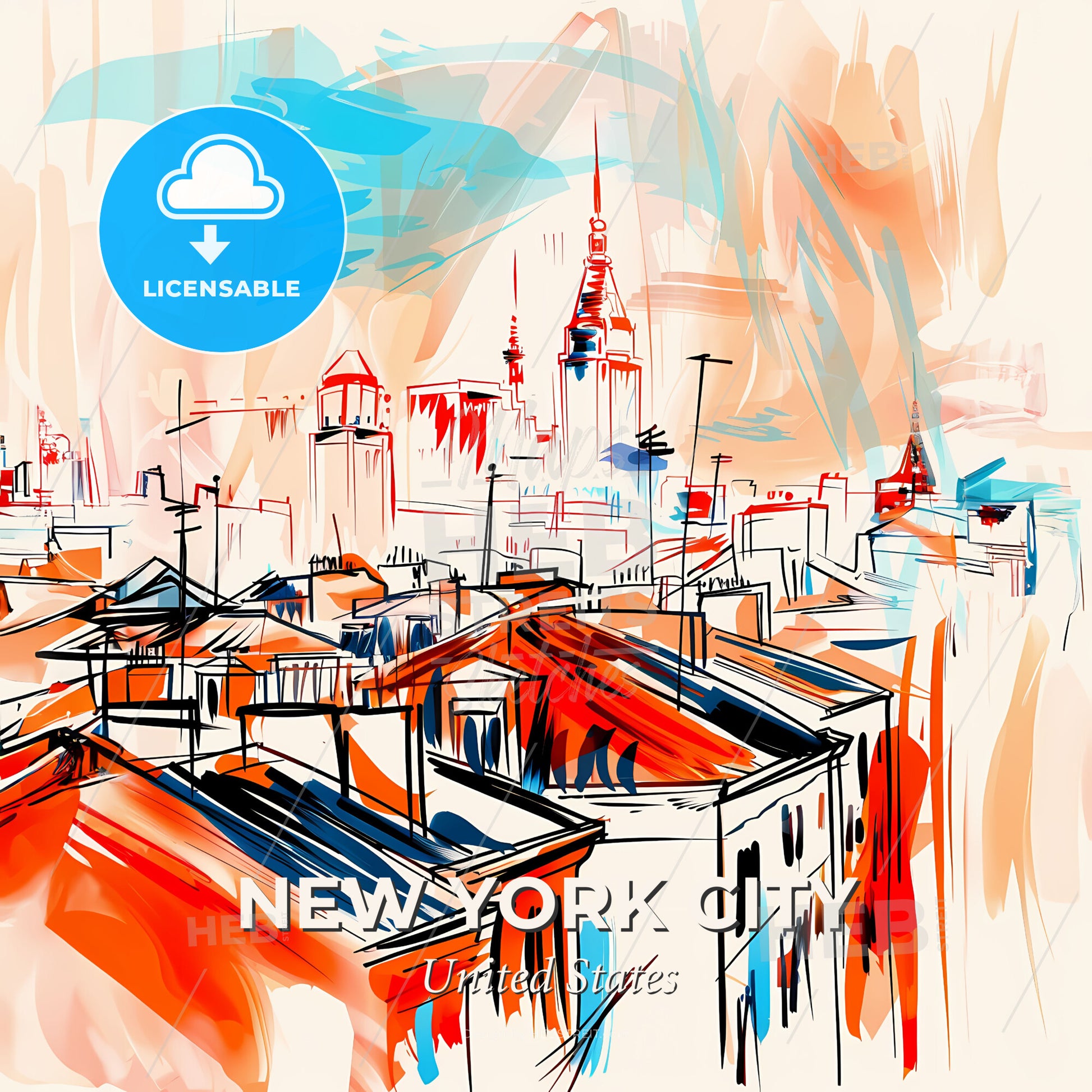 Vibrant New York City, United States - A Drawing Of A City - Square format print template