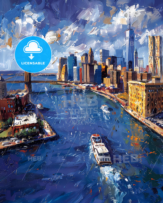 Painting: Abstract Cityscape with Bridge and Boats - Vibrant Artwork, New York City