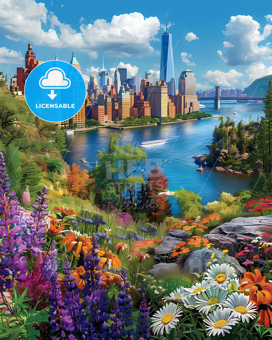 Colorful Manhattan Painting: Unique City Art Featuring a River and Flowers