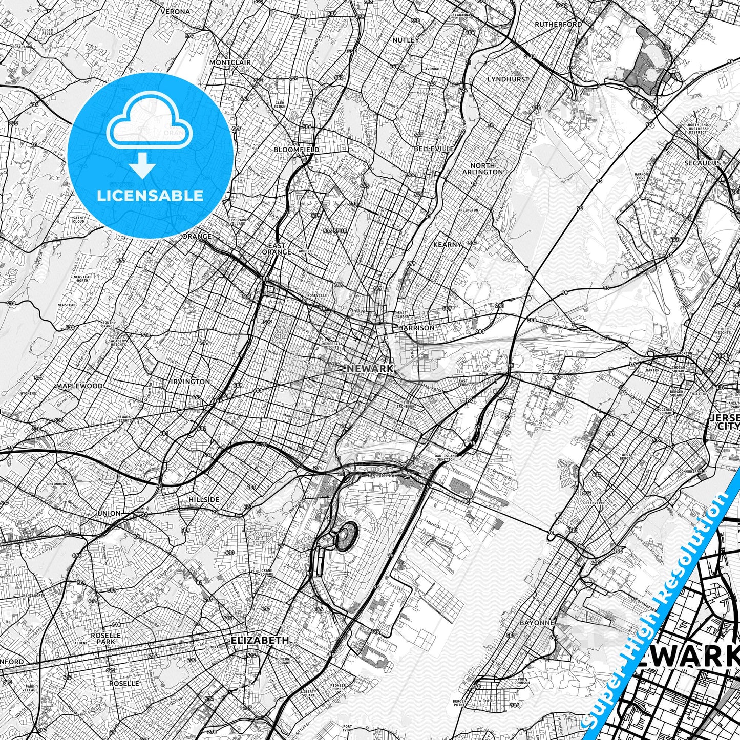 Newark, New Jersey light map with streetnames, citynames and districts