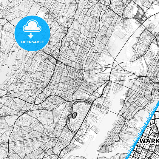 Newark, New Jersey light map with streetnames, citynames and districts
