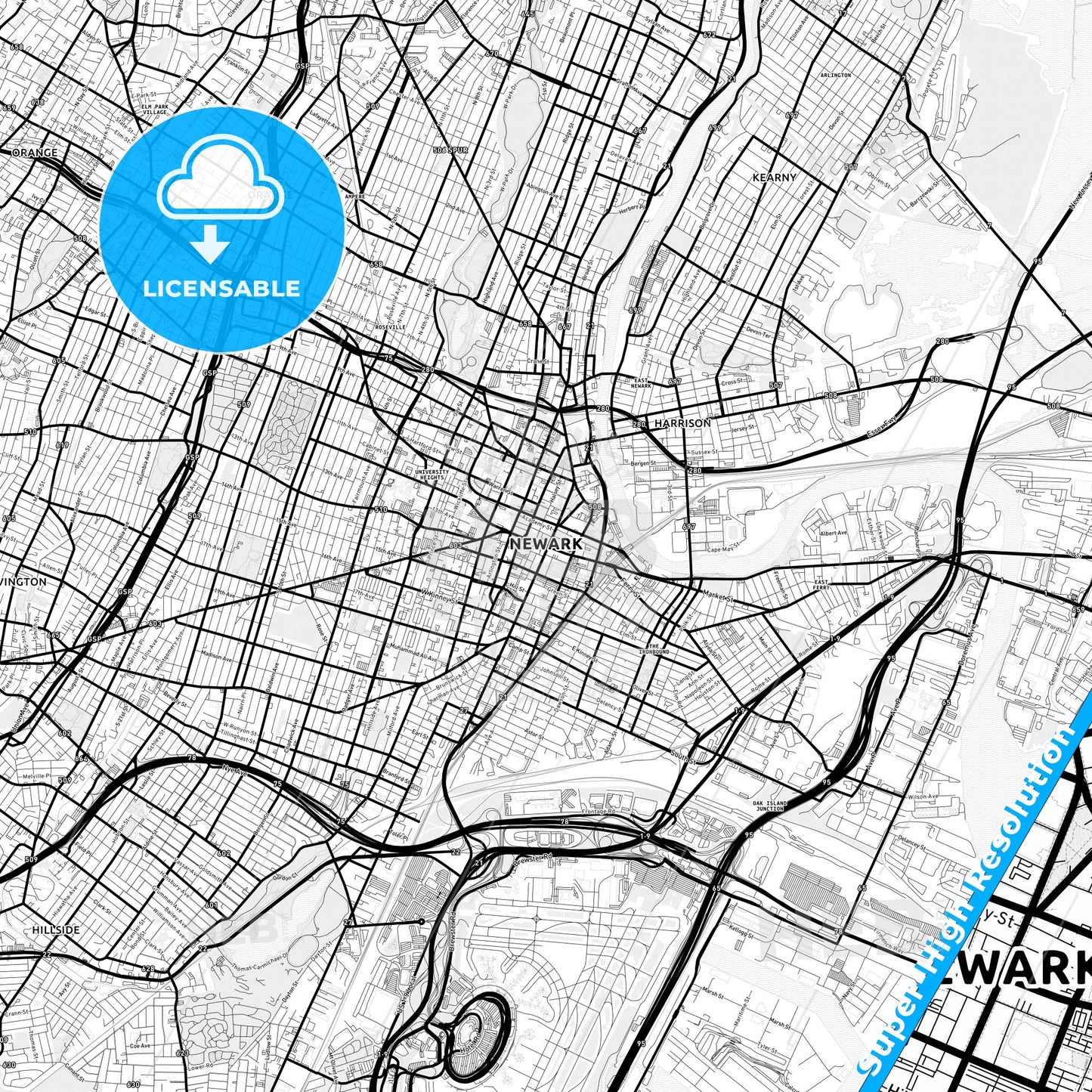 Newark, New Jersey Light Map with Street Names, City Names, and Districts