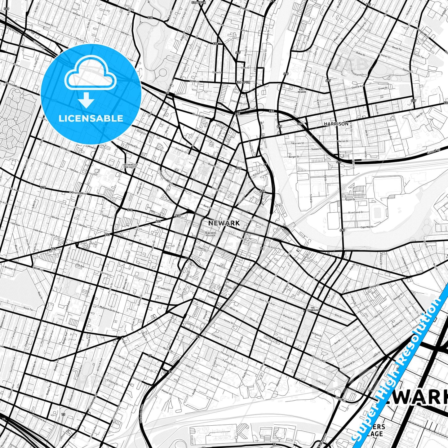 Newark, New Jersey Light Map with Street Names, City Names, and Districts