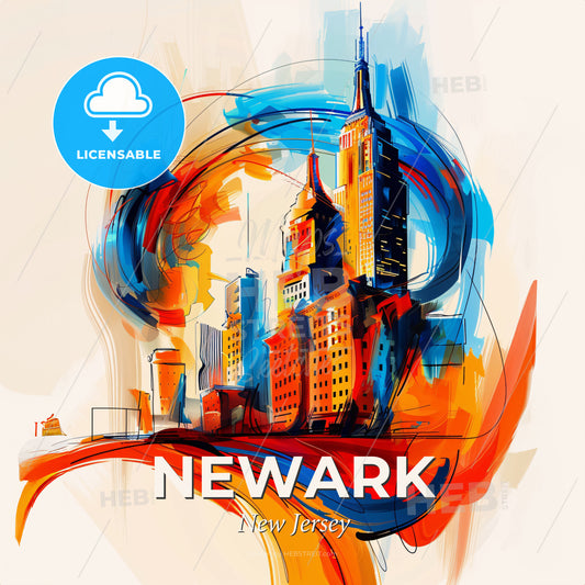 Vibrant Newark, New Jersey - A Painting Of A Skyline With A Colorful Building - Square format print template