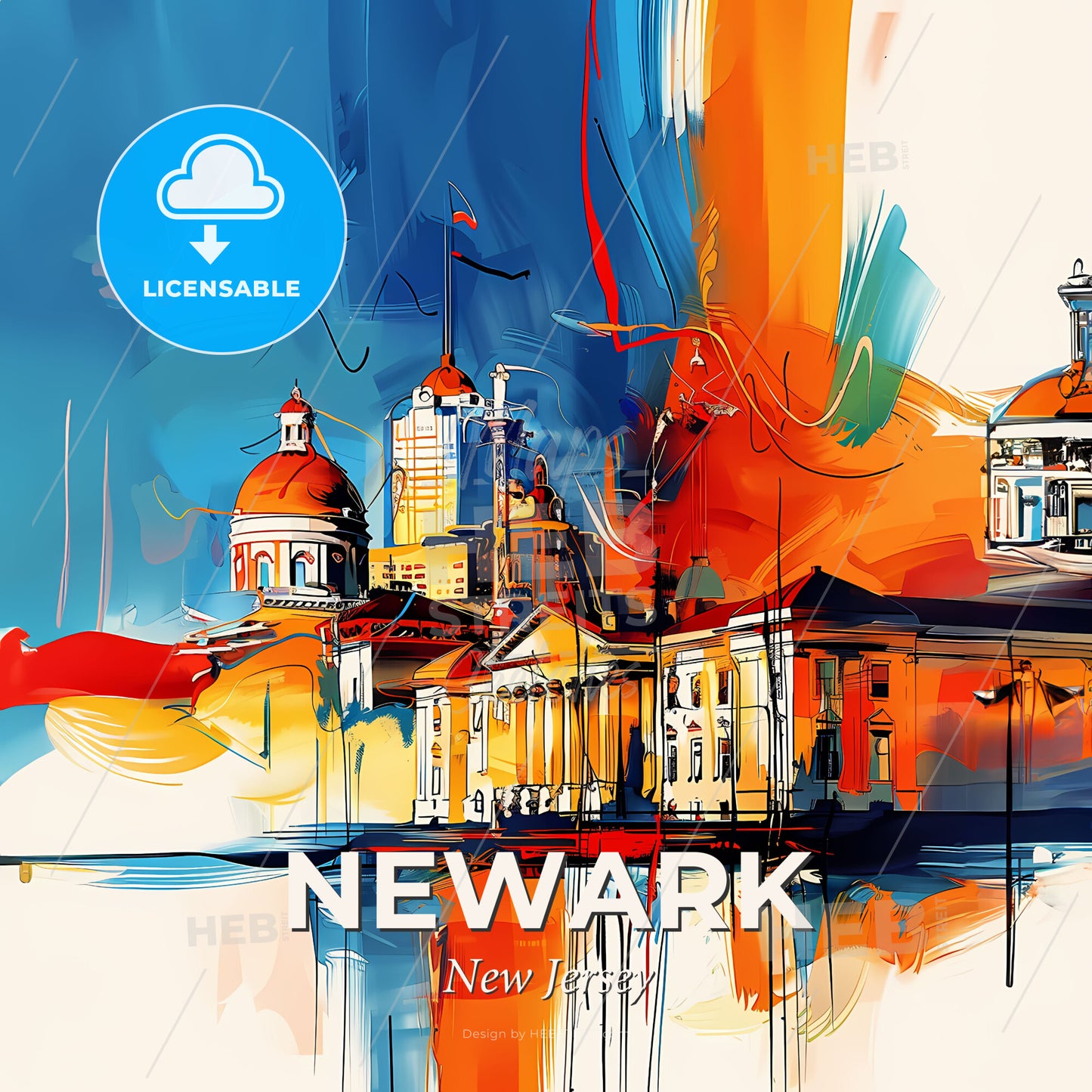 Vibrant Newark, New Jersey - A Painting Of A Building With A Colorful Background - Square format print template