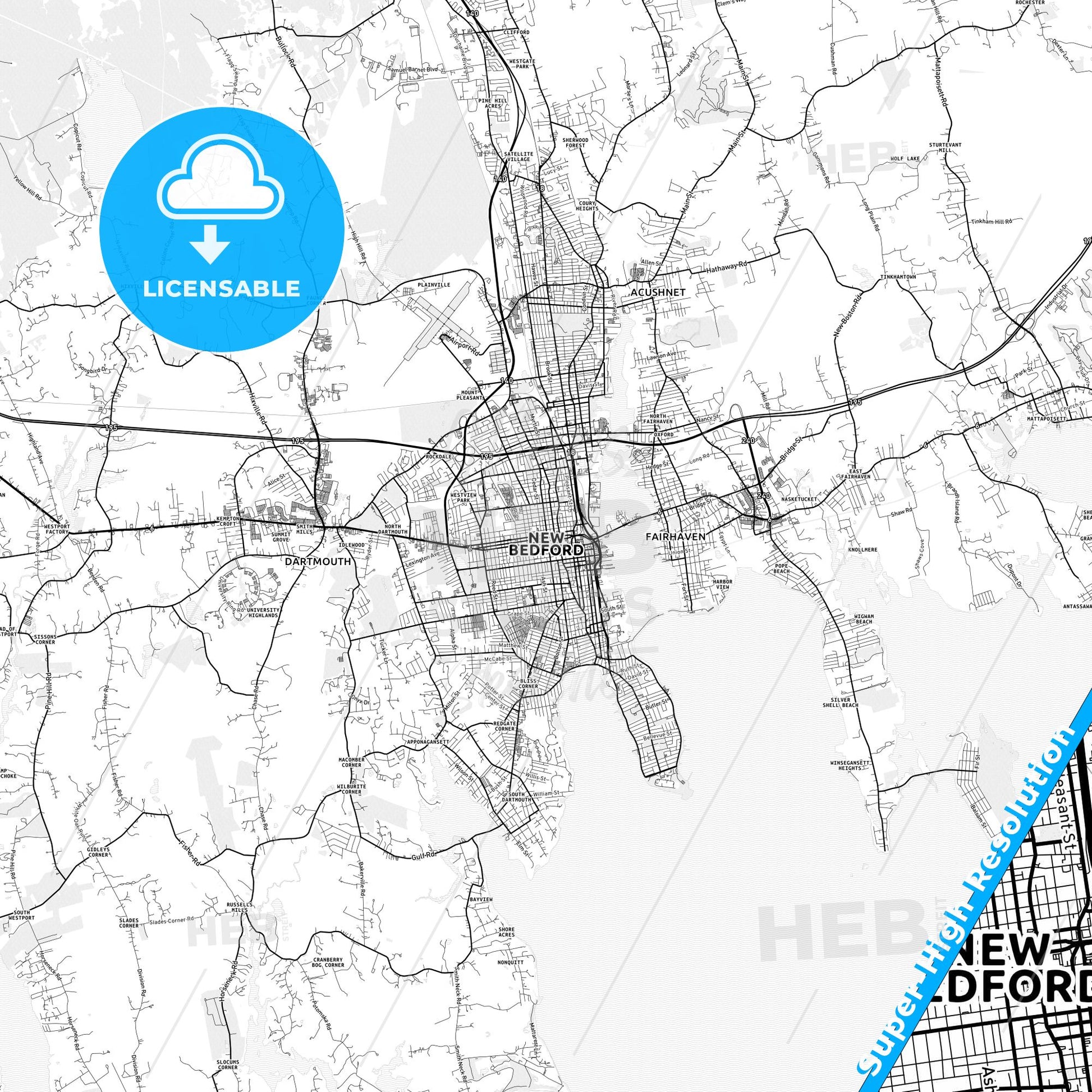 New Bedford, Massachusetts light map with streetnames, citynames and districts