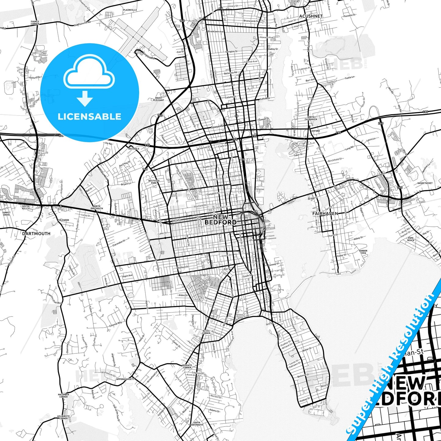 New Bedford, Massachusetts Light Map with Street Names, City Names, and Districts