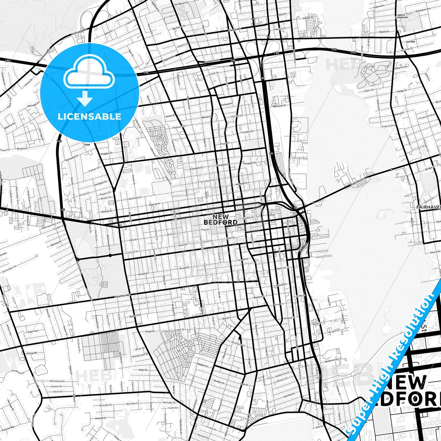 New Bedford, Massachusetts Light Map with Street Names, City Names, and Districts