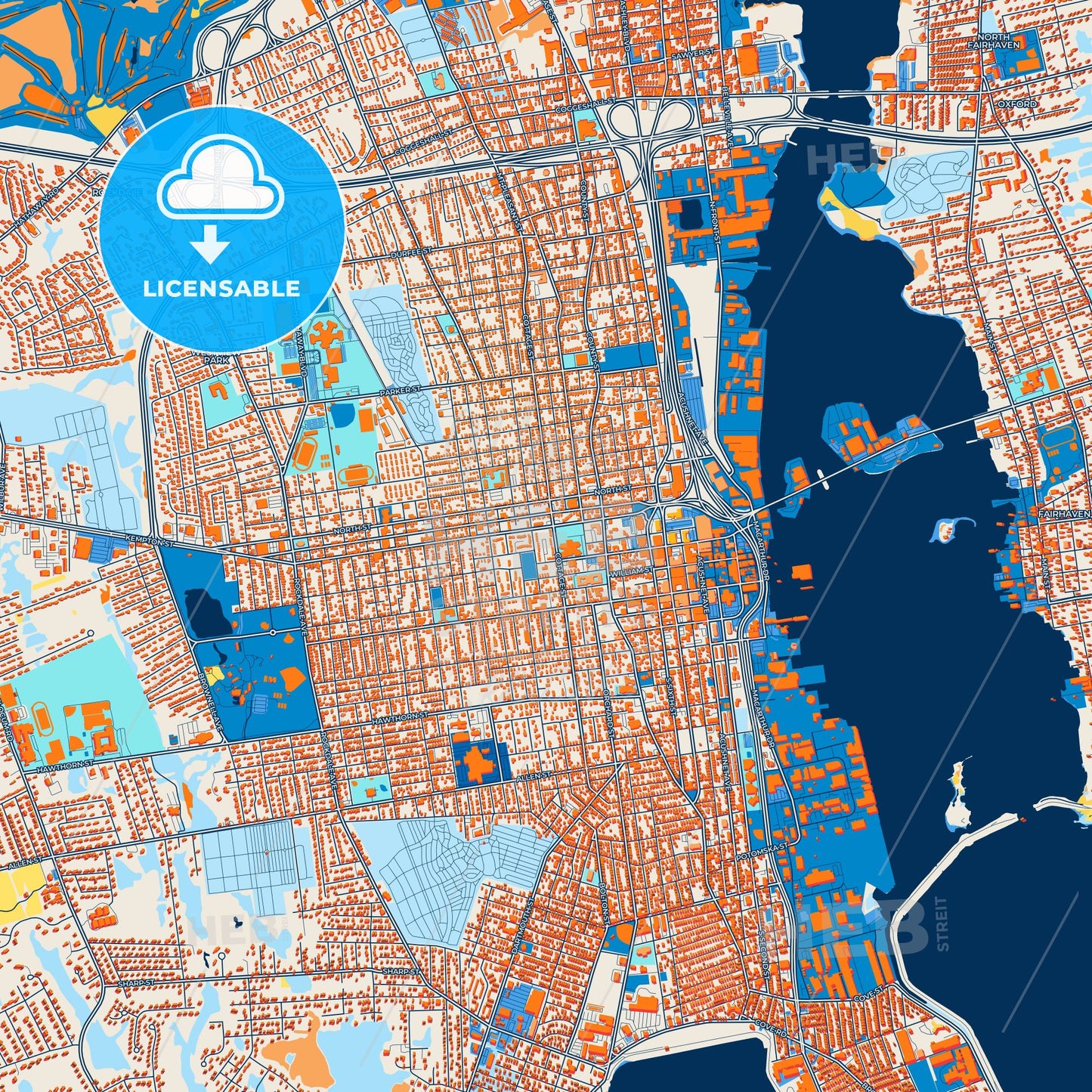 Colorful New Bedford Street Map with Labels and Buildings