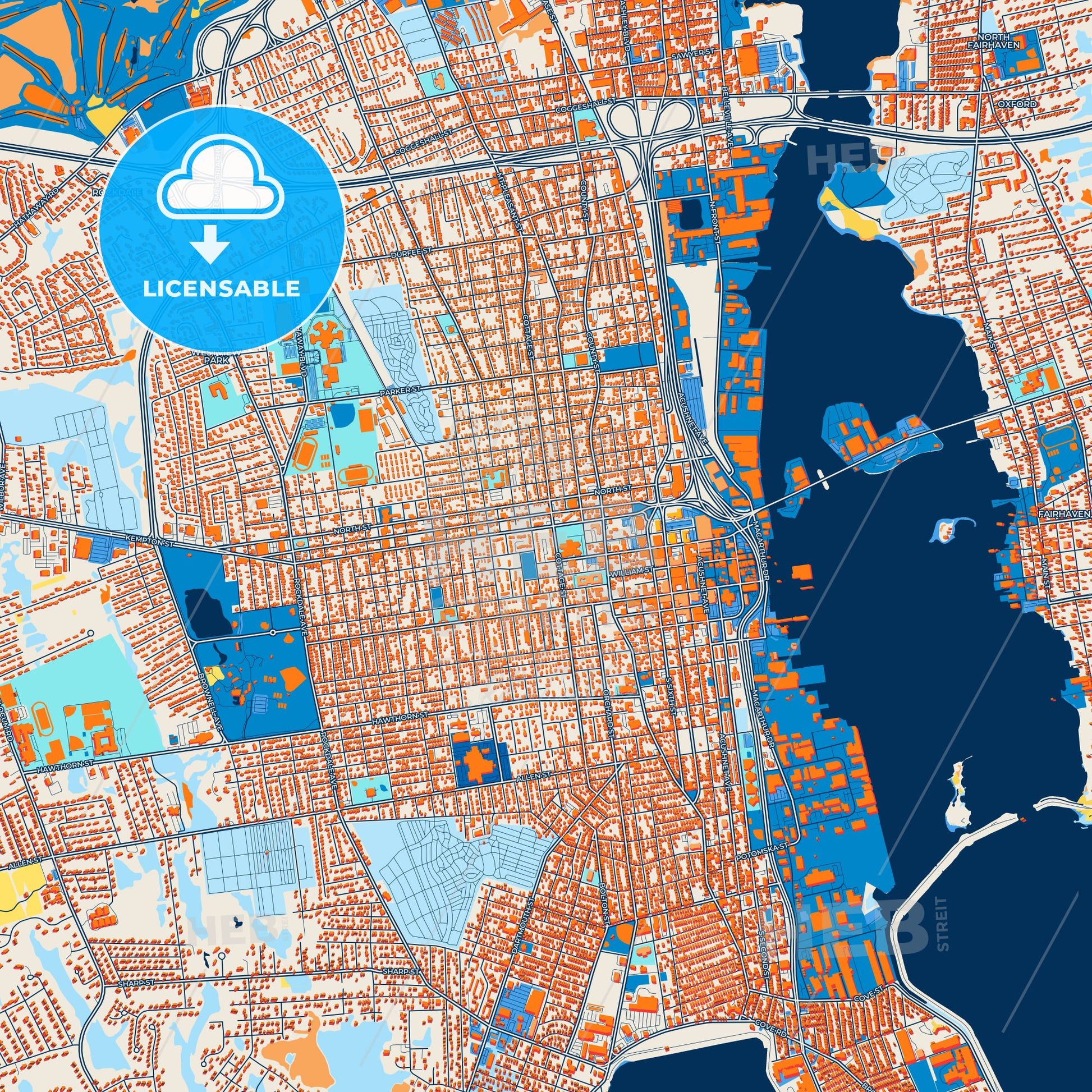 Colorful New Bedford Street Map with Labels and Buildings