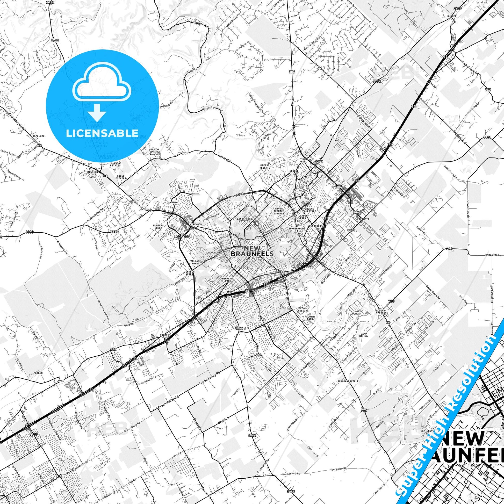 New Braunfels, Texas light map with streetnames, citynames and districts