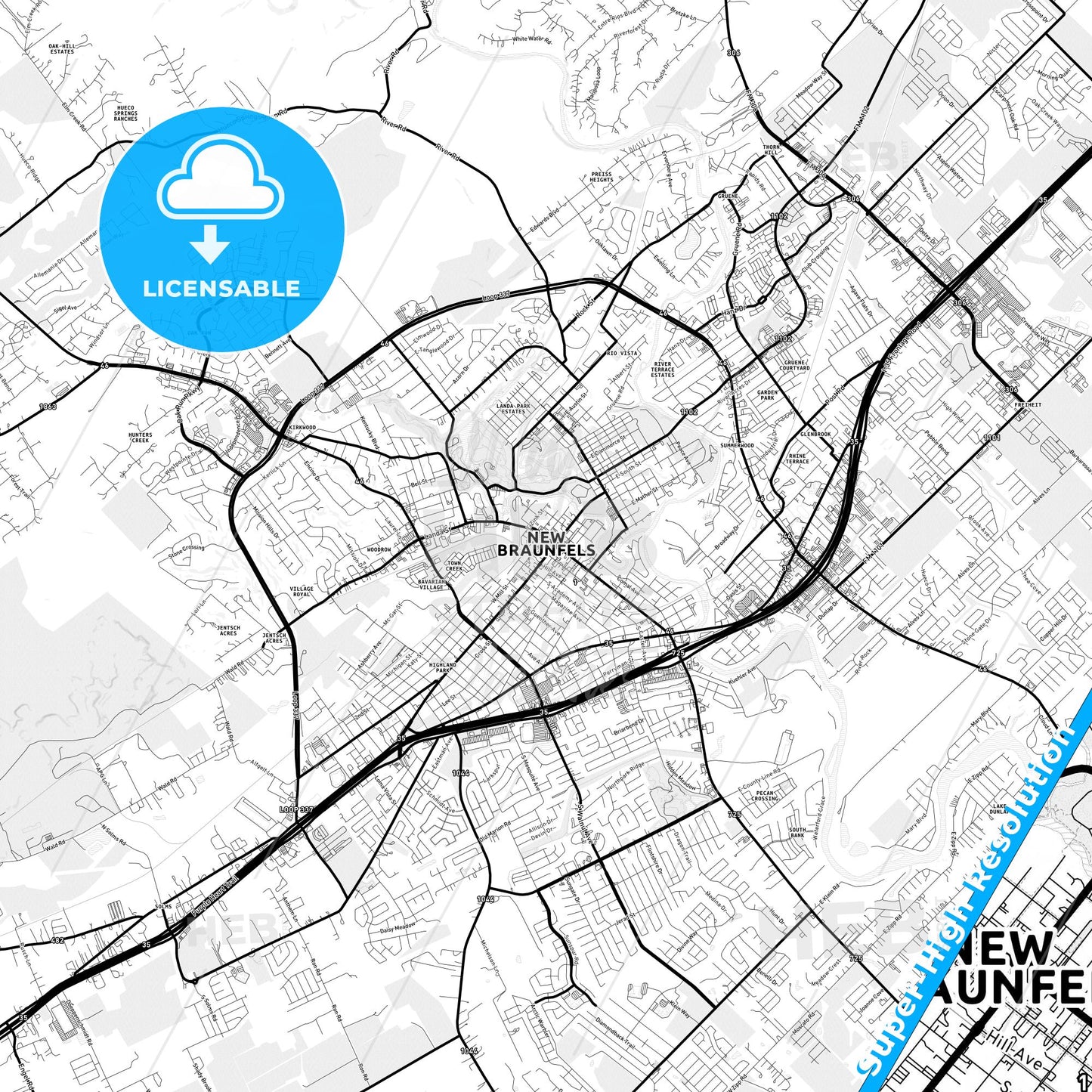 New Braunfels, Texas Light Map with Street Names, City Names, and Districts