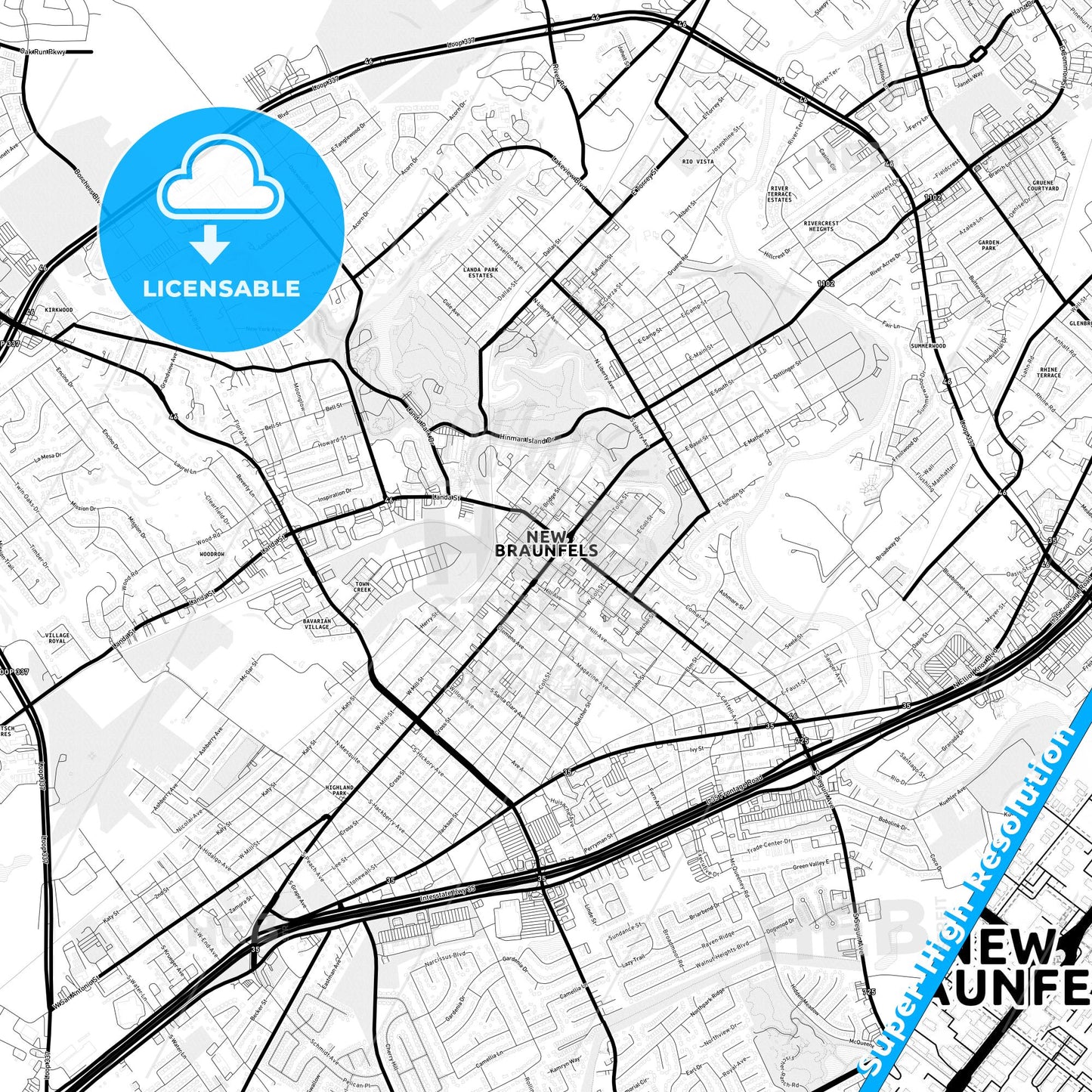 New Braunfels, Texas Light Map with Street Names, City Names, and Districts