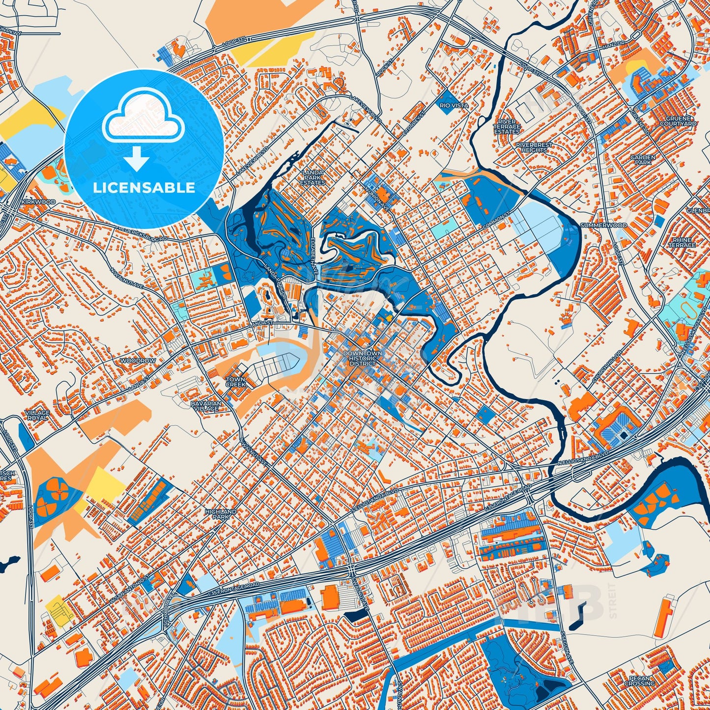 Colorful New Braunfels Street Map with Labels and Buildings