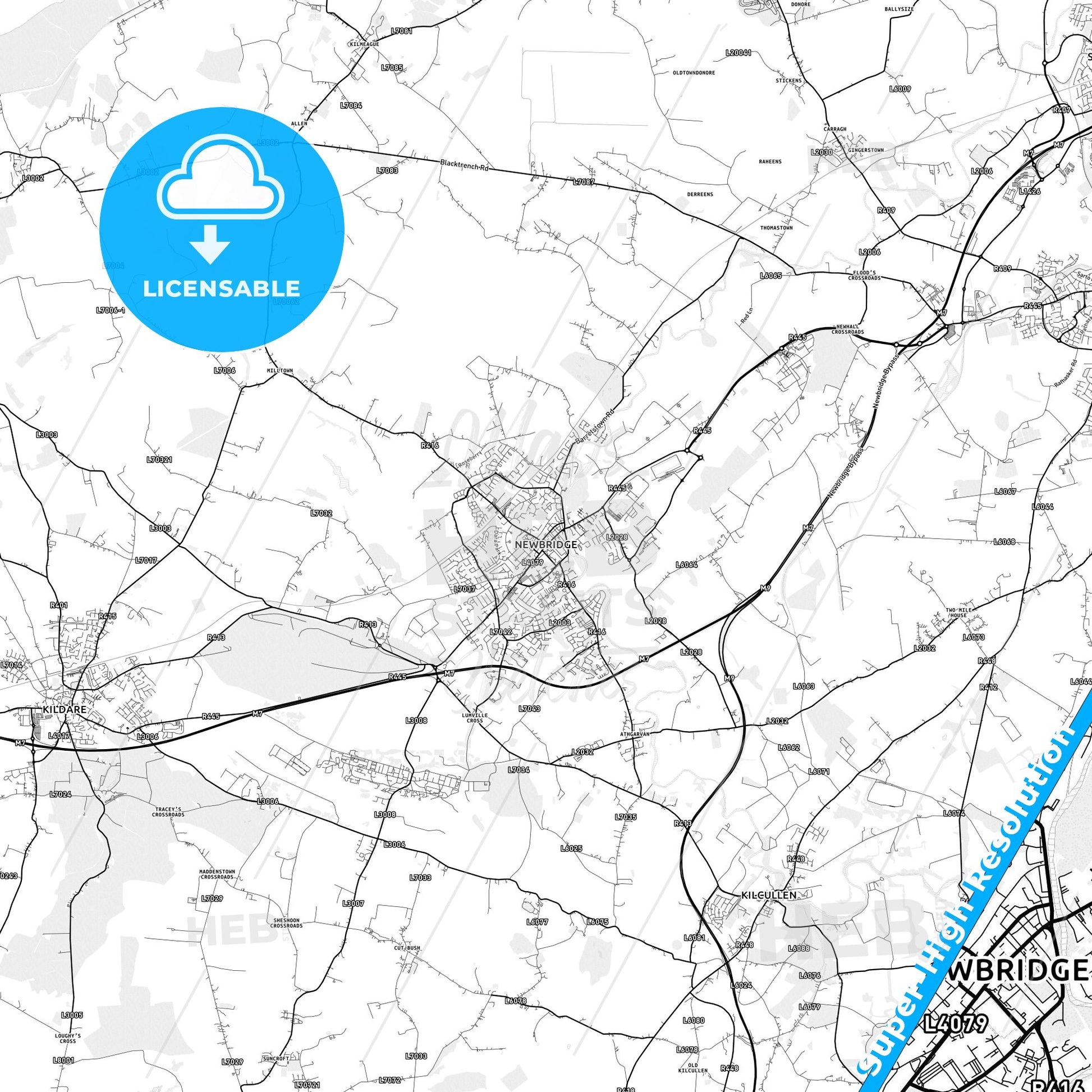 Newbridge, Ireland light map with streetnames, citynames and districts