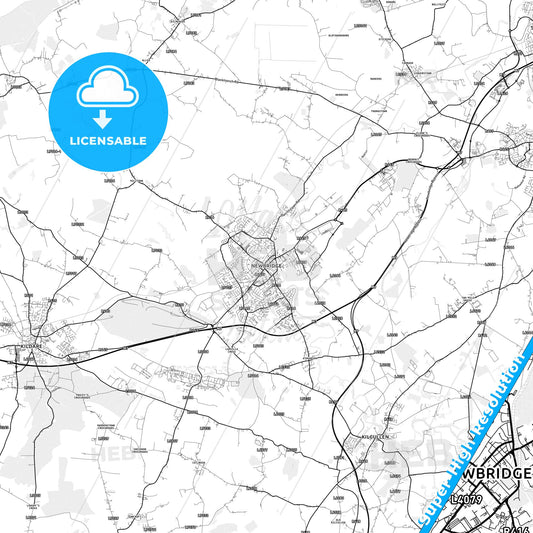 Newbridge, Ireland light map with streetnames, citynames and districts