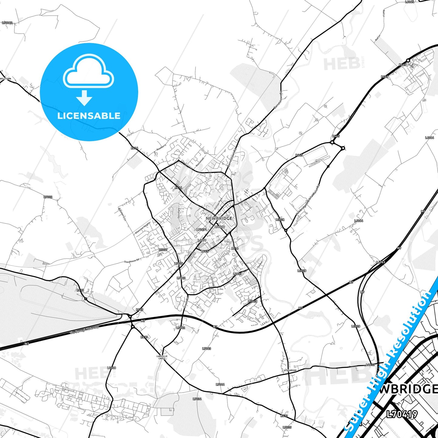 Newbridge, Ireland Light Map with Street Names, City Names, and Districts