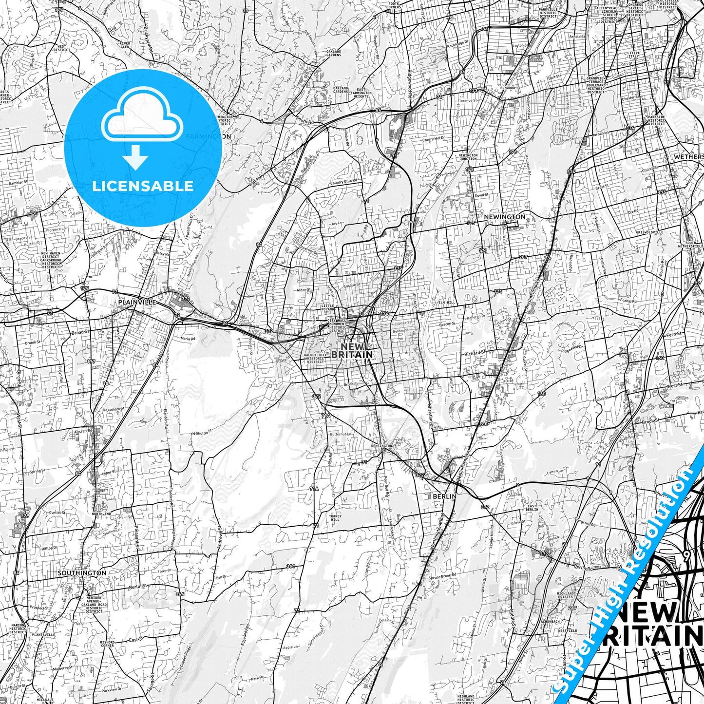 New Britain, Connecticut light map with streetnames, citynames and districts