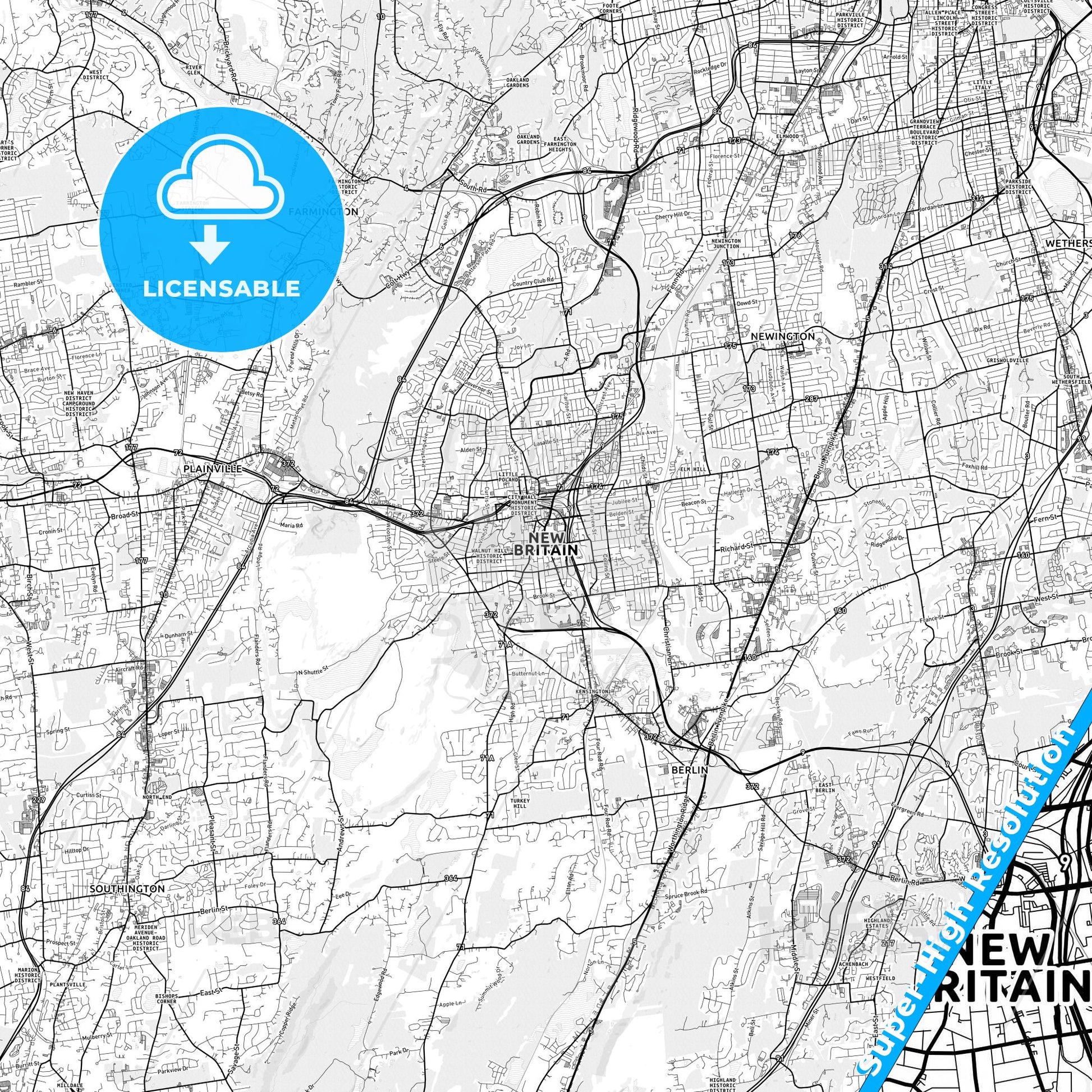 New Britain, Connecticut light map with streetnames, citynames and districts